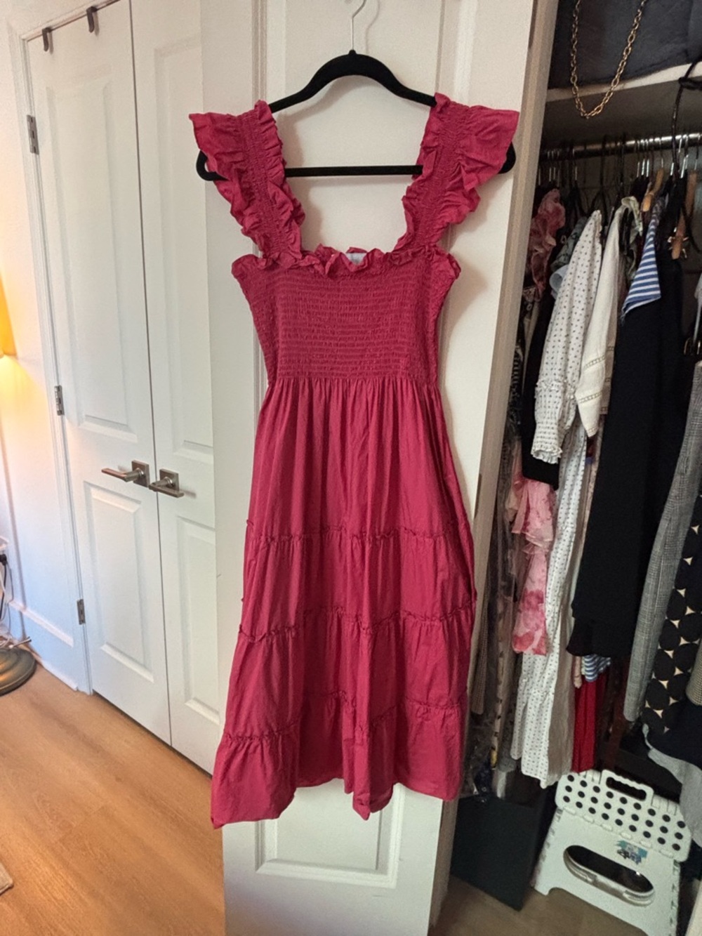 Hill House Raspberry pink Ellie. Smocked Midi Dress with Ruffles. Small Ellie